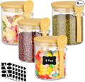 Glass Jars with Bamboo Lids - 4 Pack 15 Fl.oz Round Glass Storage Jars with Airtight Lid and Spoon, Clear Stackable Food Container for Overnight Oats, Spice, Coffee, Sugar, Tea Canister