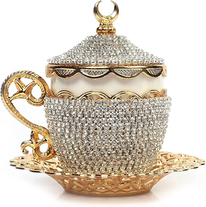 Alisveristime Turkish Coffee Cup Set - Authentic Turkish Greek Arabic Coffee Espresso Cup with Saucer (Enhance Your Coffee Experience Now!) (1 Pc) (Crystal Gelincik Design) (Gold)