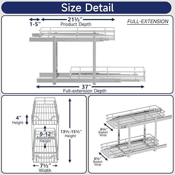 2-Tier Pull Out Cabinet Organizer, 7.5" W x 21.5" D, Heavy Duty Dual Slide Out Shelves for Narrow Base Cabinets, Chrome Wire Basket Drawer for Spices, Bottles & Snacks