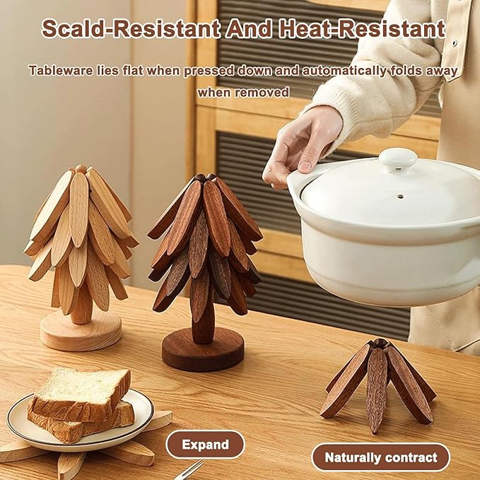 Natural Tree Trivet Set - Natural Foldable Kitchen Trivets, Handmade Wooden Hot Pad Holder for Plates, Pots, Pans, Cup, Kitchen Dining Table Protection (Wood, L)