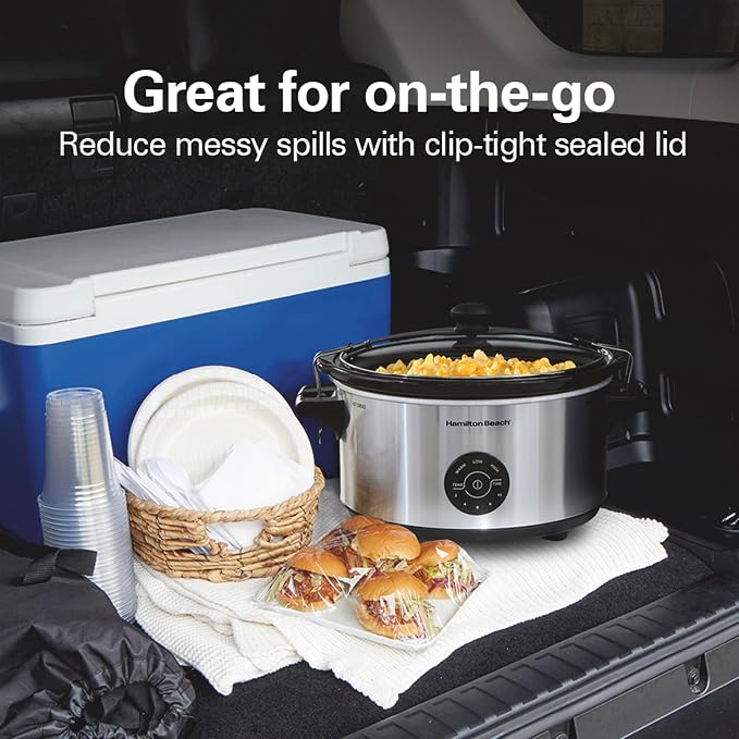 Hamilton Beach 7 Quart Stay or Go Portable Programmable Slow Cooker | 15 Cooking Options | Clip-Tight Glass Lid For Easy Travel | Dishwasher Safe Stoneware Crock | Silver