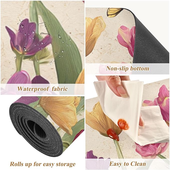 2 in 1 Table Runner Trivet for Hot Pots and Pans Heat Resistant Non Slip Waterproof 39 x 12 Inch Decorative Table Protector for Kitchen Countertop Vintage Beige Spring Tulips Butterflies