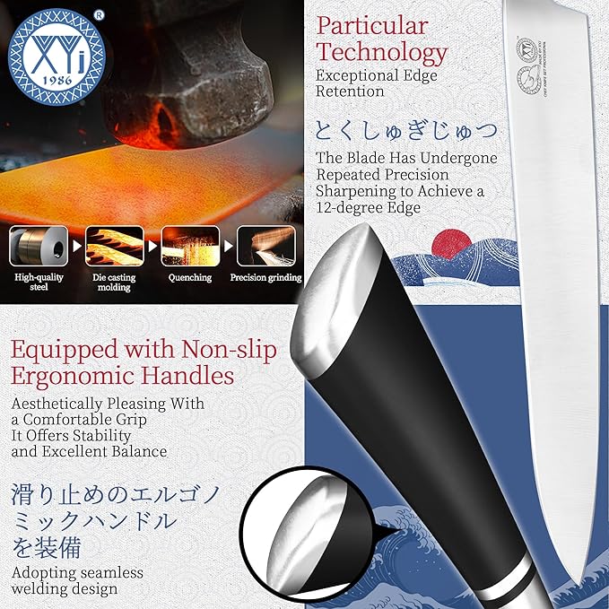 XYJ Knife Block Set, Stainless Steel Kitchen Knives Set with Magnetic Knife Holder, Fork, Cutting Board, Honing Steel, Scissors, Peeler, Cut Resistant Gloves, Japanese Style Slicing Chef Knives