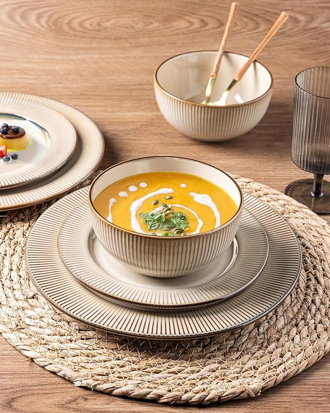 GBHOME Ceramic Dinnerware Sets,12 pcs Embossed Elegant Stoneware Plates and Bowls Sets, Housewarming Wedding Gift | Dishwasher & Microwave Safe | Dishes Set Service for 4