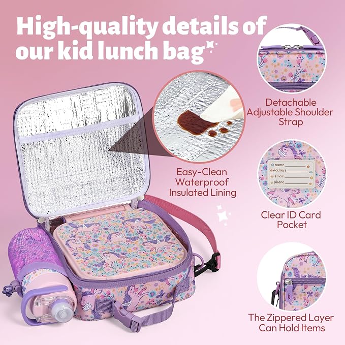 Itslife Bento Box for Kids Set, Insulated Food Container,Kids Lunch Box, 7 oz Thermos for Hot Food, 12 oz Thermos Water Bottle, Reusable Insulated Ice Bag & Fork Spoon Utensils Camping Travel Pink