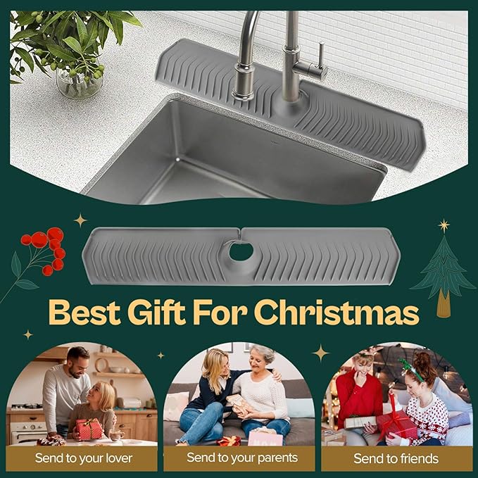 ElmRidge Upgraded 30 inch Farm Sink Splash Guard with Faucet Handle Drip Catcher Tray-Large Size Silicone Sink Faucet Mat for Extra Long and Thick Design Faucet Splash Guard for Kitchen Sink Gray