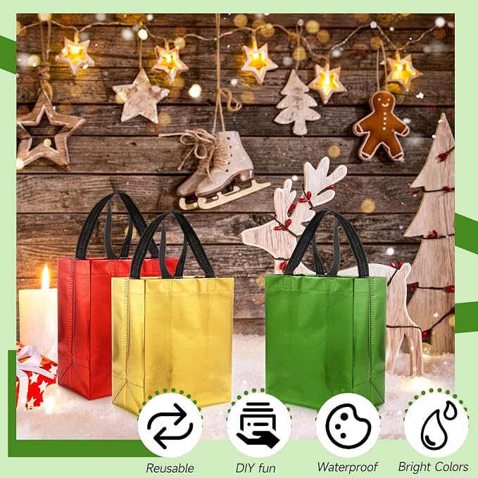 Eccliy Reusable Gift Bags Set Glossy Grocery Gift Tote Bag with Handle for Wedding, Bridal Shower, 4th of July, Summer Event(10 x 8 x 4.7 Inch,Red, Gold, Green with Black Handles,80 Pcs)