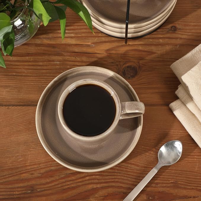 Gibson Elite Sunrise Hills 9-Piece Stackable Stoneware Cup and Saucer Set with Metal Rack, 6 oz, Service for 4, Dishwasher and Microwave Safe, Taupe