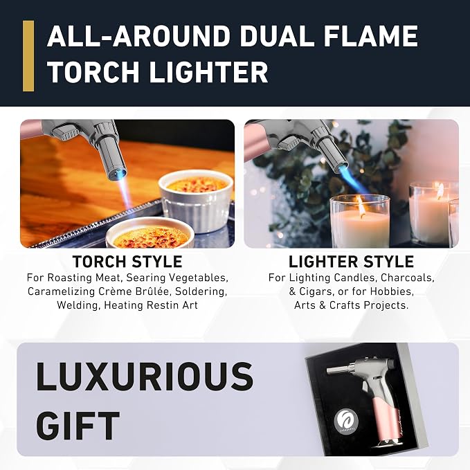 Dual Flame Butane Torch Gun - Refillable Luxury Hand Held Mini Blow Torch for Cooking, Creme Brulee, Soldering, Welding, & Resin Art - Adjustable Flame with Ignition Lock - Steel Blush by inZaynity®