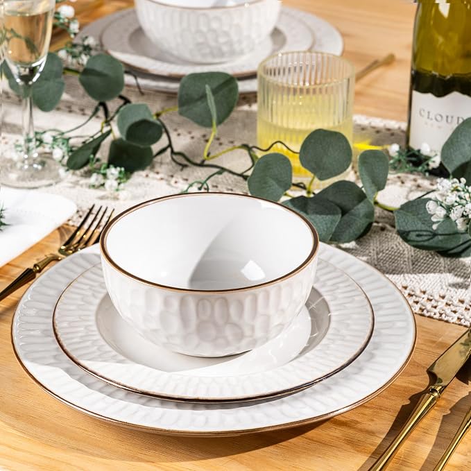 GBHOME Ceramic Dinnerware Sets, 24 pcs Embossed Elegant Stoneware Plates and Bowls Sets, Housewarming Wedding Gift | Dishwasher & Microwave Safe | Dishes Set Service for 8