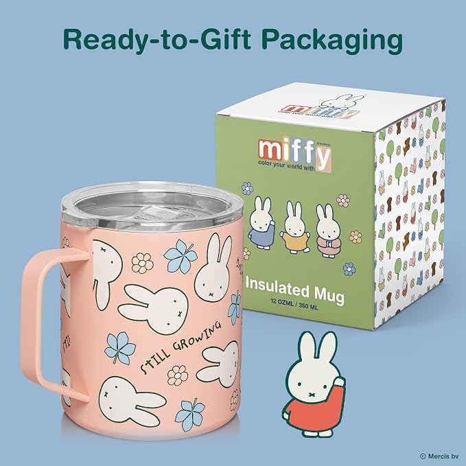 Dragon Glassware | Miffy Stainless Steel Camp Mug with Lid, 12 oz - Pink | Nijntje Insulated Camping Mug For Coffee, Tea, Matcha & Hot Beverages; Miff Mug with Lid