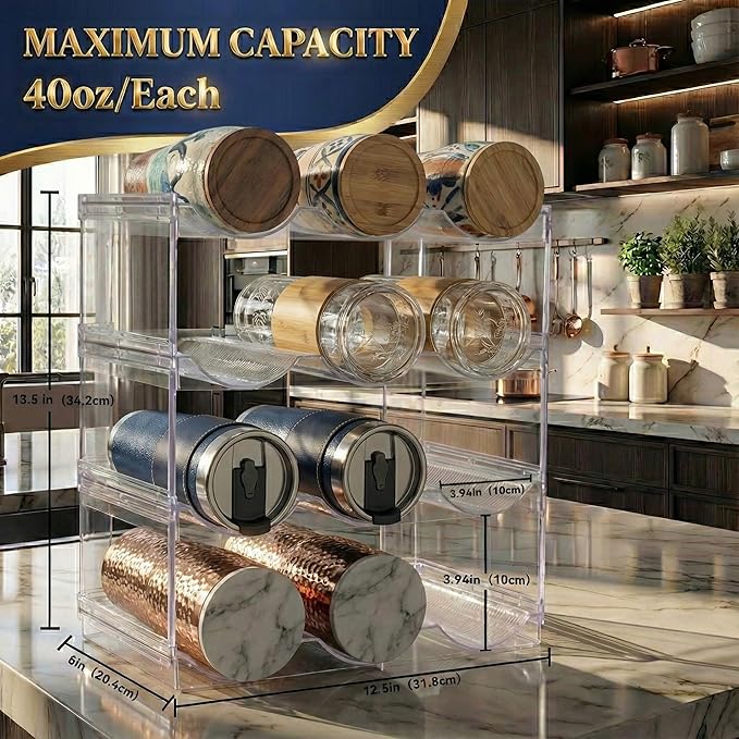 Stackable Water Bottle Organizer for Cabinet, Plastic Bottle Holder Designed for Starbucks Studded Tumblers up to 40oz, Plastic Cup Holder&Wine Rack for Pantry,Cupboard- 4 Layers Hold 12 Bottles