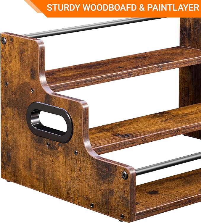 YQBRAO [Upgraded] Rustic Wood Liquor Bottle Display Shelf, 3-Tier Liquor Shelf for Bar Counter, Coffee Syrup Rack Organizer with Handles & Metal Guardrail, Bar Bottle Stand for Home, Kitchen, Cafe
