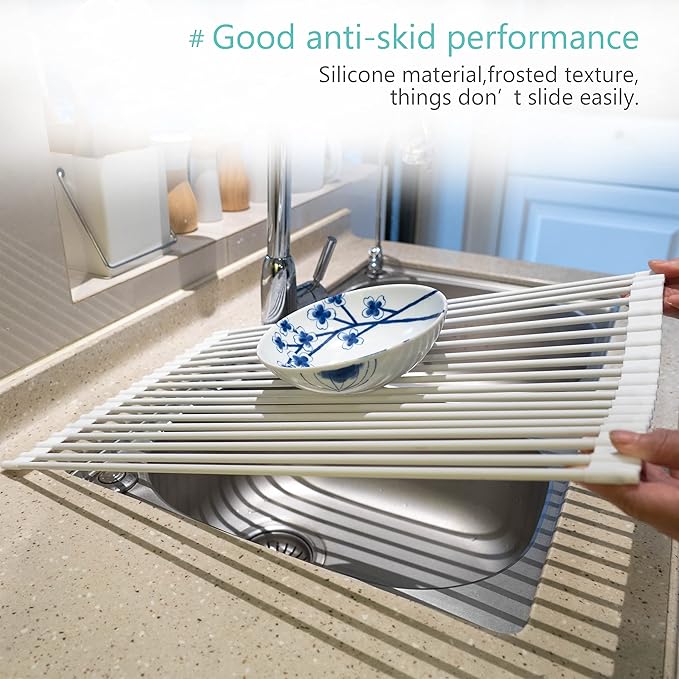 Bigdata&BetterLife Roll Up Dish Drying Rack Simple Large Space Saving Dish Drying Mat with Rack for Kitchen Foldable Silicone Coated Stainless Steel Heavy Duty Dry Rack (Gray, 20.5" x 13.1")