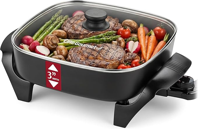 Elite Gourmet PFAS-Free Ceramic Electric Skillet, Extra Deep 12"x12"x3", Less Splatter, Dishwasher Safe, Rapid Heat, EG2313, 1200W, Black