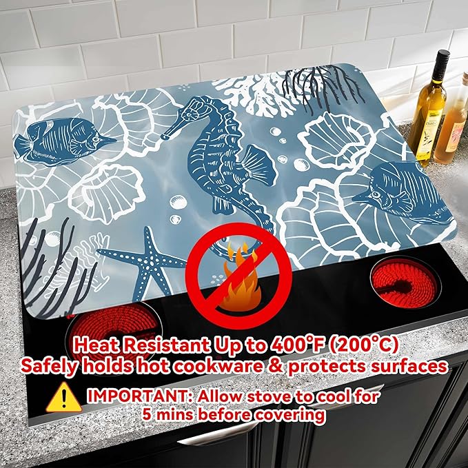 Decorative Stove Top Covers for Electric Stove 28"x20" – Heat Resistant Glass Cooktop Protector Dish Drying Mat – Non-Slip Rubber Backing Washer Top Cover Waterproof Extra Counter Space (Ocean 2)