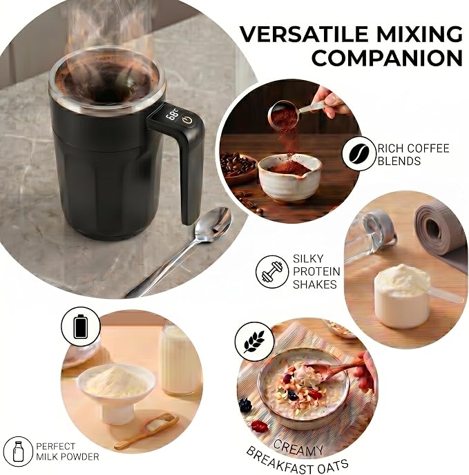 Self Stirring Coffee Mug 13.5 Oz with Lid, 316 Stainless Steel Automatic Magnetic Mixing Cup with a Built-in LCD Thermometer & Handle, Electric Coffee Stirrer, Gift for Men and Women (Matte Black)