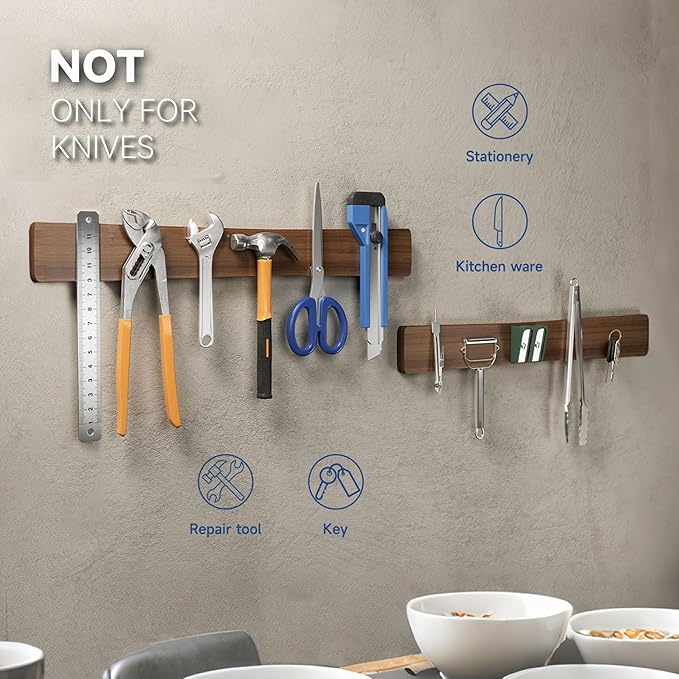 Magnetic Knife Holder for Wall, Acacia Wood Knife Magnetic Strip No Drill Knife Magnet Storage Bar Magnetic Tool Key Holder Strip for Kitchen Utensil Organizer (Dark Brown, 24 Inch)