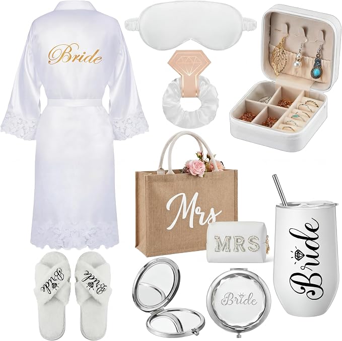 JaGely 9 Pcs Bride to Be Gifts Set Bridal Shower Bachelorette Wedding Gifts with Robe Slippers Tumbler Tote Bag & Bridal Kit