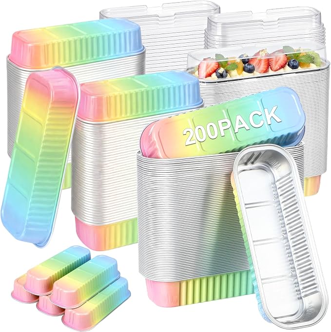 Qunclay 200 Pcs Aluminum Foil Mini Loaf Pans with Lids 6.8 oz Disposable Mini Cake Pan with Lid Rectangle Baking Cups for Party Muffin Cheesecake Ramekins(Rainbow)