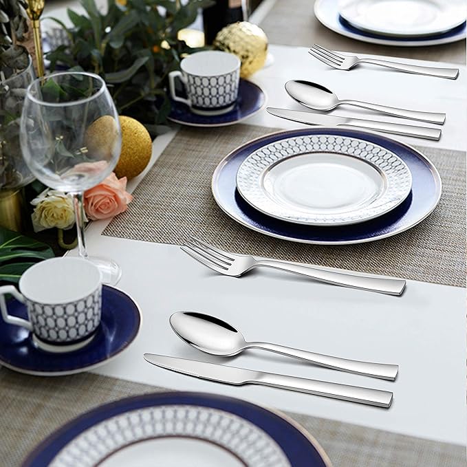 LIANYU 60-Piece Silverware Flatware Set with Organizer Tray, Stainless Steel Square Cutlery Set for 12, Reusable Eating Utensils Tableware, Dishwasher Safe