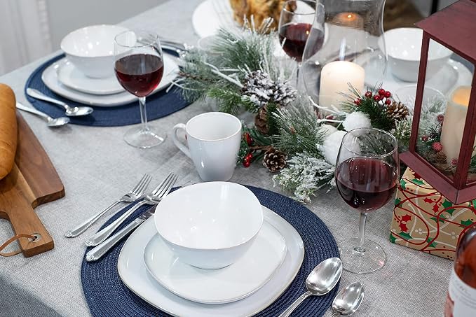 Elanze Designs 16-Piece Modern Luxury Chic Smooth Vintage Handmade Shape High Gloss Ceramic Stoneware Square Plate Mug & Bowl Kitchen Dinnerware 16 Piece Set - Service for 4, White