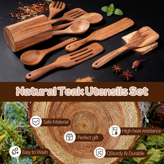 MYRAINBOW Wooden Spoons for Cooking, 10-Piece Teak Wooden Cooking Utensil Set with Holder, Nonstick, Heat Resistant Kitchen Utensils, Durable Wooden Cooking Spoons, Kitchen Cooking Gifts for Women Men