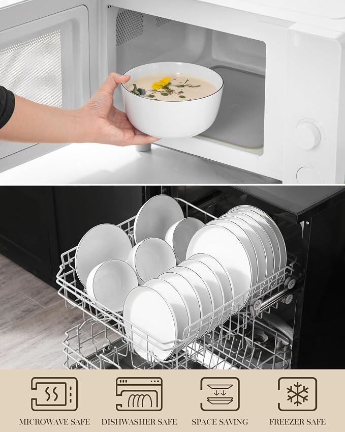 MALACASA 24 Pieces Gourmet Porcelain Dinnerware Sets, Premium Plates and Bowls Set, High-Fired Dishes Set for 6, Chip & Scratch Resistant, Microwave Dishwasher Safe, White & Black Rim, Series LEXI