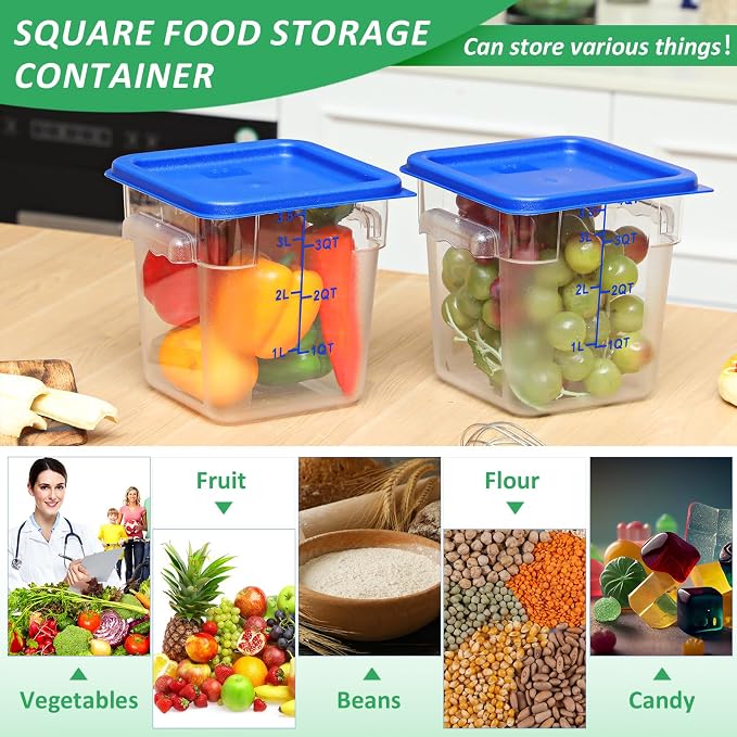Yungyan 6 Pcs Commercial Clear Food Storage Containers 4 Qt Square Acrylic Airtight Food Storage Containers with Lids for Kitchen Restaurant Pantry Freezer Flour Sugar(Blue)