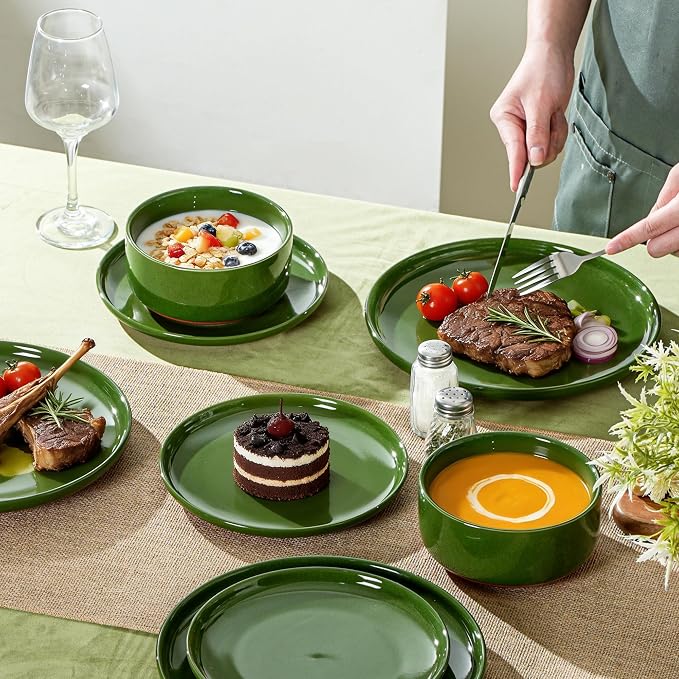 6 Piece Ceramic Plates and Bowls Sets for 2, Elegant Green | Stoneware Dinnerware Set, Dishwasher & Microwave Safe, Handcrafted, Perfect for Family and Gatherings