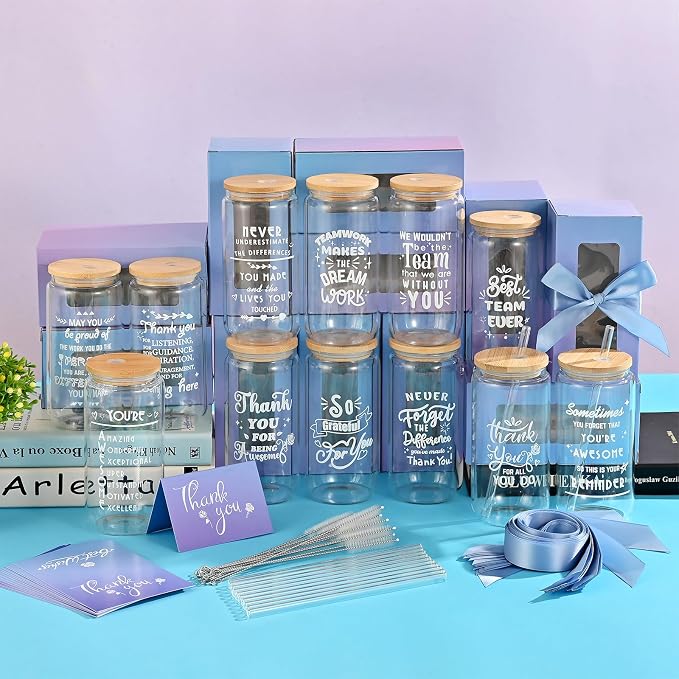 12 Set Employee Appreciation Gifts Bulk, Personalized Chaos Coordinator Gifts for Graduation Season Coworker 16 oz Can Shaped Beer Glass Cups, Gift Box and Card for Team, Party, Women, Men