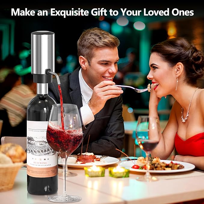 Electric Wine Aerator Wine Decanter Set Rechargeable Automatic Wine Dispenser Wine Pourer with Storage Base, Wine Stopper, Foil Cutter, Retractable Food Grade Stainless Steel Straw