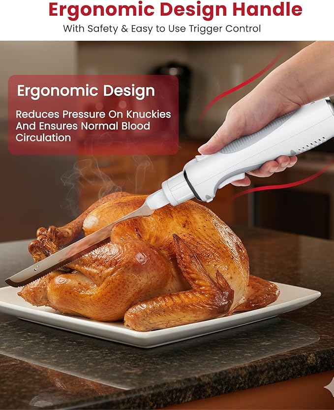 New Upgrade Cordless Electric Knife, Serrated Blade Knife for Turkey, Meat Slicing, Fillet, Bread, Ergonomic Design Cutting Knifes with Comfortable Contoured Grip, USB-C Rechargeable, Easy-Slice,White