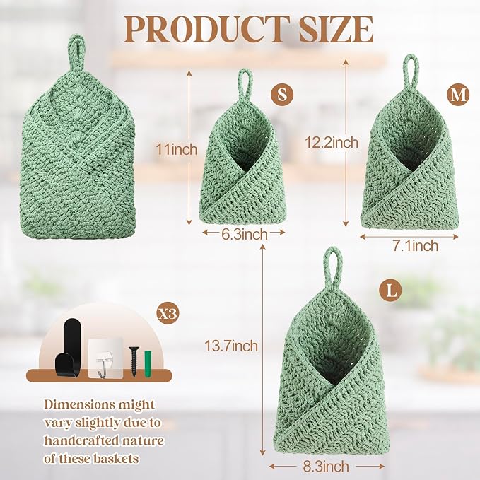 Honeydak Boho Decor Hanging Wall Baskets for Kitchen 3 Pack Teardrop Baskets with Hooks Storage Fruit Onion Vegetable Potato for Home 3 Sizes(Sage Green,Triangle,Cotton Rope)