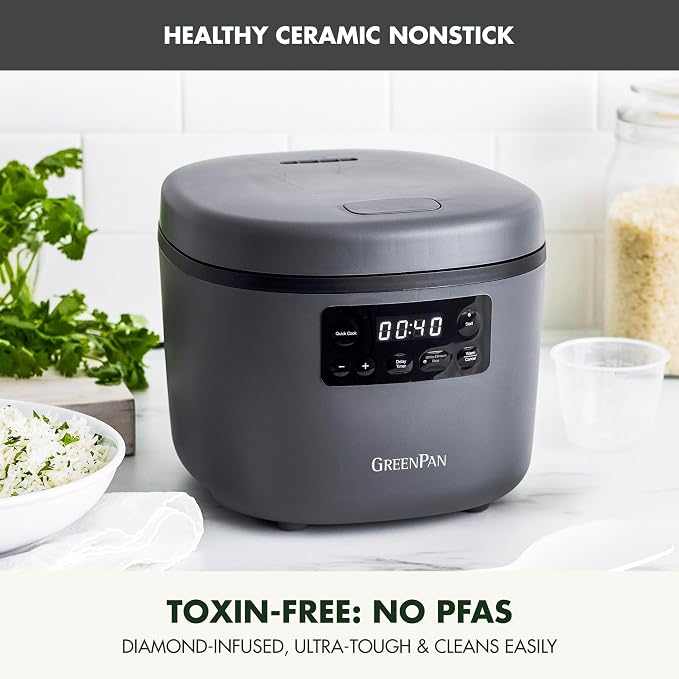 GreenPan Advanced Rice Cooker, 4-Cups Uncooked/8-Cups Cooked, Removable Nonstick Ceramic PFAS-Free Pot, White & Brown Rice, Family Sized, Quick Cook in 25mins, 6 Presets, Fuzzy Logic Tech, Graphite