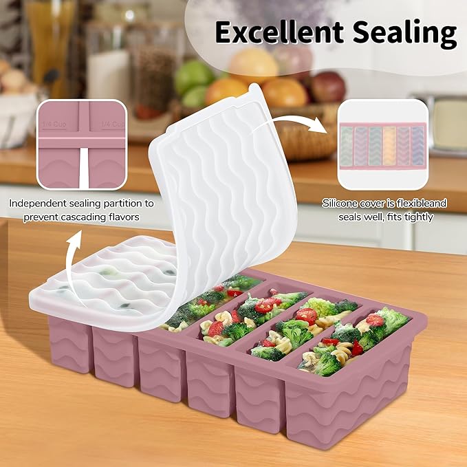 3-Pack Silicone Freezer Trays with Lid,2 Large 2-Cup(500ml)&4 Medium 1-Cup(125ml)&6 Small 1/2-Cup(75ml) Soup Freezer Container Molds,Ice Cube Tray For Meal Prep&Freezing Soup,Stews,Sauces
