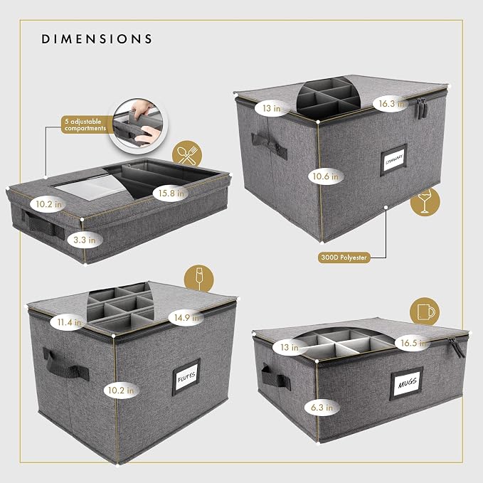 HOMELUX THEORY Champagne Flute Storage Box with Dividers, Hard Shell China Storage Containers, Heavy Duty Glassware Storage Box & Stemware Storage Container with Lid, Thick Surface, and Sturdy Handle