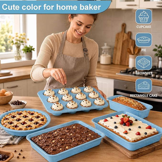 6-Piece Nonstick Cake Baking Set, Blue — Round Pie Pans, Loaf Pan, Muffin Pan & Square Cake Pan, Stackable Carbon Steel Bakeware for Beginner Bakers, Oven Safe