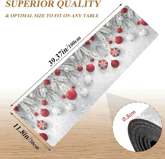 Christmas Trivet Table Runner 40 Inches Long Christmas Snowflakes Balls Pattern Heat Resistant Hot Pad Multi Purpose Mat for for Hot Pots Pans Kitchen Countertops