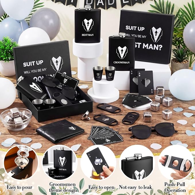 Mimorou 88 Pcs Groomsmen Proposal Gifts - Shot Glasses, Stainless Steel Ice, Flask, Funnel, Gift Boxes, Sunglasses, Knives, Bottle Opener, Cards, Wallets for Wedding Groomsmen Present Set (Retro)