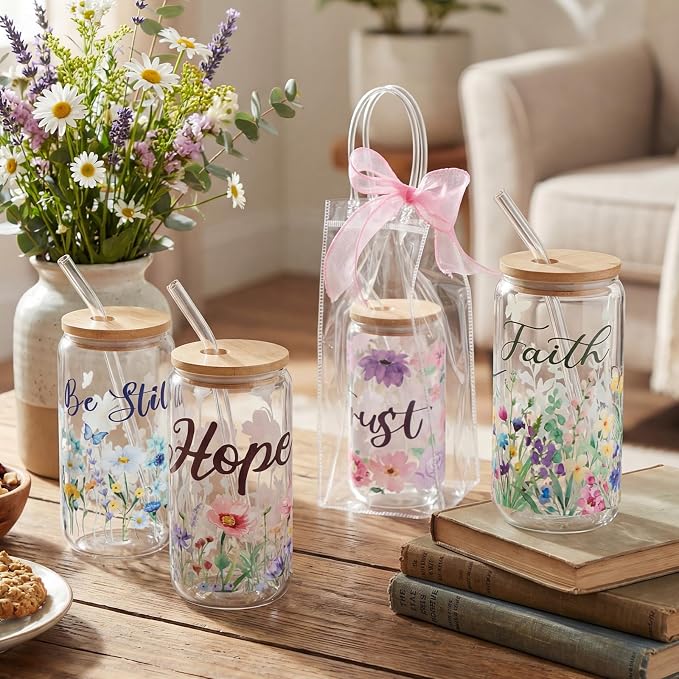 Mumufy 8 Sets Christian Glass Cups with Clear Gift Bag 16 oz Reusable Pink Iced Coffee Mugs Aesthetic Cute Tumbler with Lids and Straws, Gifts for Girls Women Bridesmaid