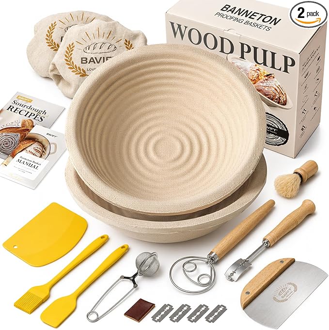 BAVIFY Sourdough Starter Kit, Banneton Bread Proofing Baskets Set | 2-Pack 9 in Round Wood Pulp Banneton, 2.2 lb Capacity, Superior Moisture Control, Easy Release, Thick Walls Design