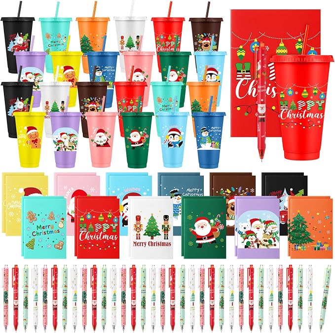 Feifeiya 72 Pcs/ 24 Set Bulk Gifts for Christmas 24 oz Christmas Tumbler with Lids and Straws Xmas Pens Notepads Set Reusable Plastic Cups for Holiday Classroom Gift Party Favor Employee