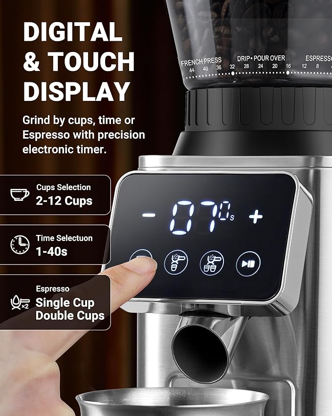 AMZCHEF Coffee Grinder, Coffee Bean Grinder for Home Use with Precise Grinding, LED Control Panel, Detachable Funnel Stand, Anti-static Design, 48 Grind Settings, Metallic Silver