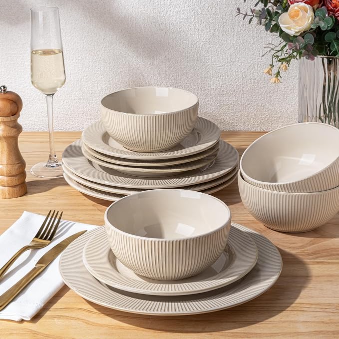 GBHOME Ceramic Dinnerware Sets,12 pcs Embossed Elegant Stoneware Plates and Bowls Sets, Housewarming Wedding Gift | Dishwasher & Microwave Safe | Dishes Set Service for 4