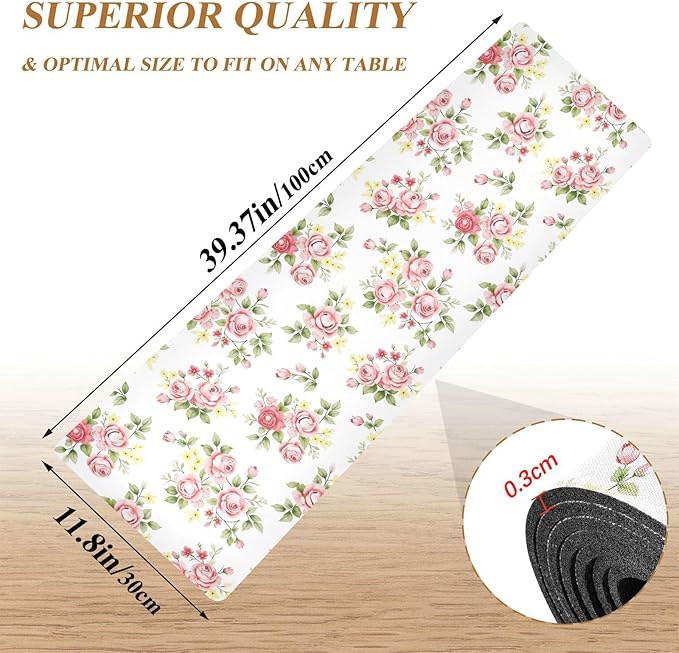 Flower Trivet Table Runner 40 Inches Long Pink Rose Flower Floral Heat Resistant Hot Pad Multi Purpose Mat for for Hot Pots Pans Kitchen Countertops