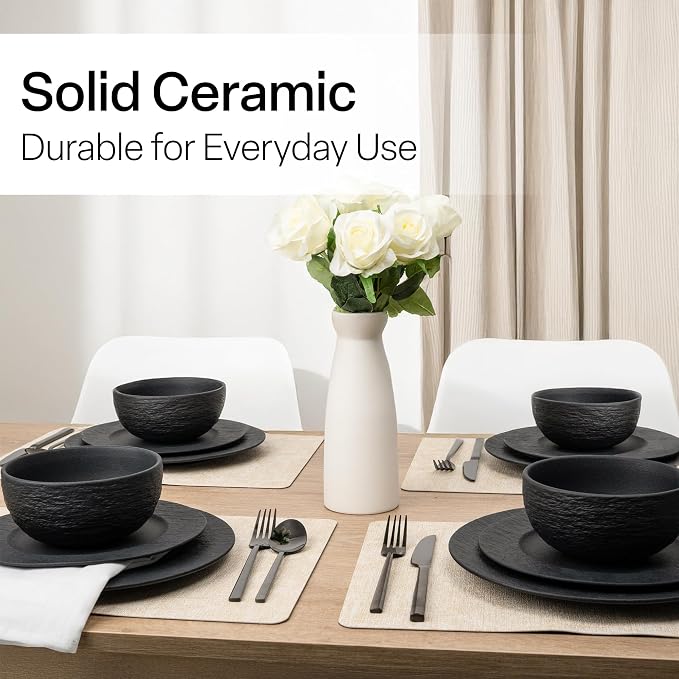 MIAMIO - 12-Piece Dinnerware Set, 4x Dinner Plates (28 cm), 4x Breakfast Plates (23 cm), 4x Bowls (750 ml), 12-Piece Set for 4 People - Microwave and Dishwasher Safe - Oasis Collection (Black)