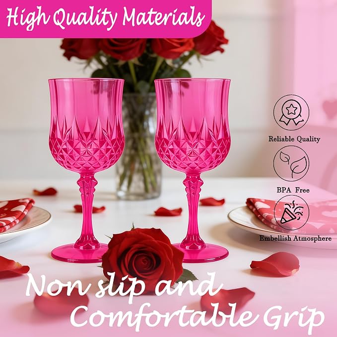 Plastic Wine Glasses, Plastic Goblets Vintage Style Cordial Unbreakable Drinking Glasses, Reusable Drinkware for Wedding Reception, Grand Event Party Supplies (48, Hot Pink)