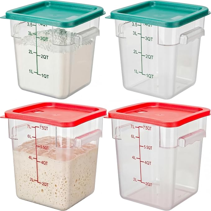 Lallisa 4 Pcs 8qt & 4qt Clear Food Storage Containers with Lids Handles and Scales, Stackable Plastic Square Food Storage Containers for Dough Proofing Baking Kitchen Restaurant(Red, Green)
