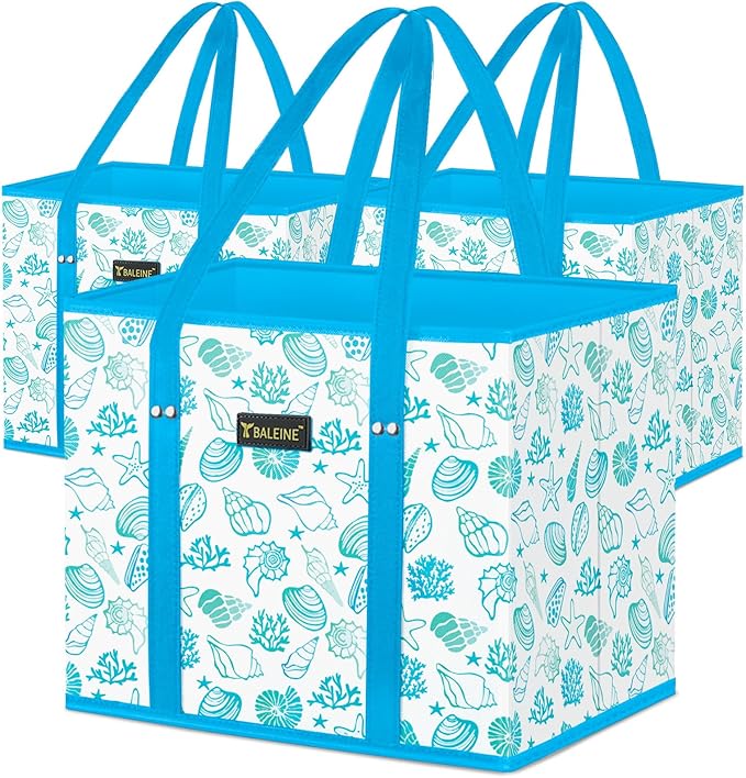 BALEINE 3Pk Reusable Grocery Bags, Foldable Shopping Bags for Groceries with Reinforced Bottom & Handles (Summer Beach-Blue)